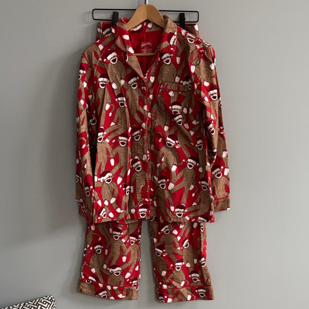 Nick & Nora Red & Brown Sock Monkey Pajama Set Size Medium 100% Cotton
